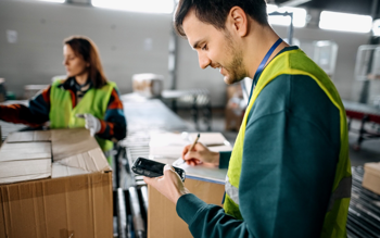Man checking FIFO stock on a handheld device