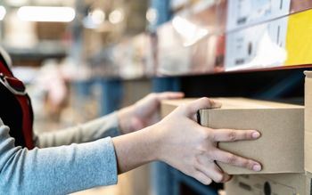warehouse working putting a box back into the racking
